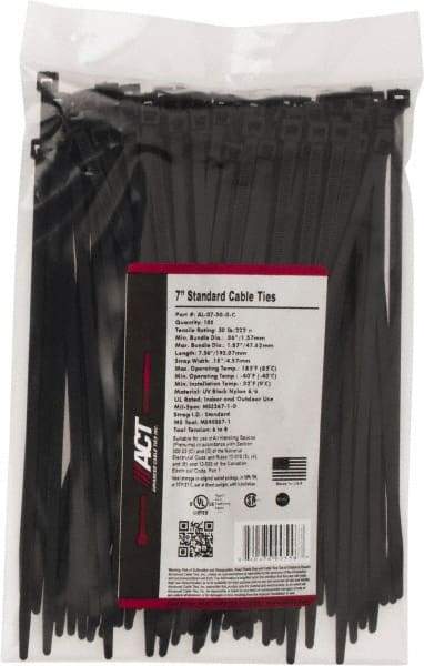 Made in USA - 7.562" Long Black Nylon Standard Cable Tie - 50 Lb Tensile Strength, 1.32mm Thick, 47.63mm Max Bundle Diam - Eagle Tool & Supply