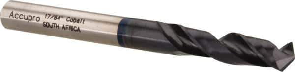 Accupro - 17/64" 120° Spiral Flute Cobalt Screw Machine Drill Bit - TiAlN Finish, Right Hand Cut, 34mm Flute Length, 74mm OAL, Faceted Point, Straight Shank - Eagle Tool & Supply