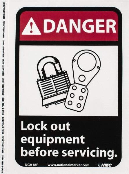 NMC - "Danger - Lock Out Equipment Before Servicing", 10" Long x 7" Wide, Pressure-Sensitive Vinyl Safety Sign - Rectangle, 0.004" Thick, Use for Accident Prevention - Eagle Tool & Supply