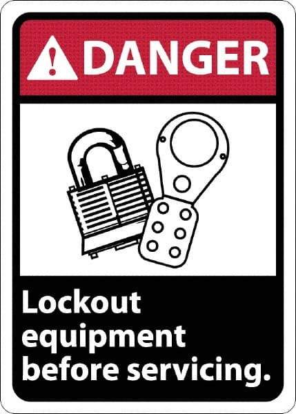 NMC - "Danger - Lock Out Equipment Before Servicing", 10" Long x 7" Wide, Rigid Plastic Safety Sign - Rectangle, 0.05" Thick, Use for Accident Prevention - Eagle Tool & Supply