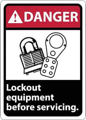 NMC - "Danger - Lock Out Equipment Before Servicing", 10" Long x 7" Wide, Rigid Plastic Safety Sign - Rectangle, 0.05" Thick, Use for Accident Prevention - Eagle Tool & Supply