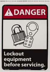 NMC - "Danger - Lock Out Equipment Before Servicing", 14" Long x 10" Wide, Pressure-Sensitive Vinyl Safety Sign - Rectangle, 0.004" Thick, Use for Accident Prevention - Eagle Tool & Supply