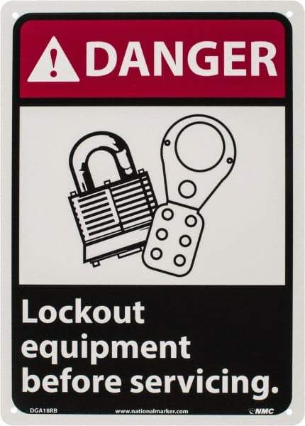 NMC - "Danger - Lock Out Equipment Before Servicing", 14" Long x 10" Wide, Rigid Plastic Safety Sign - Rectangle, 0.05" Thick, Use for Accident Prevention - Eagle Tool & Supply