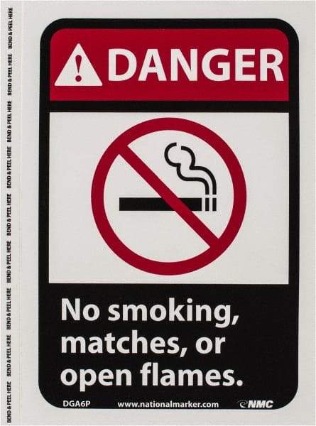 NMC - "Danger - No Smoking, Matches or Open Flames", 10" Long x 7" Wide, Pressure-Sensitive Vinyl Safety Sign - Rectangle, 0.004" Thick, Use for Accident Prevention - Eagle Tool & Supply