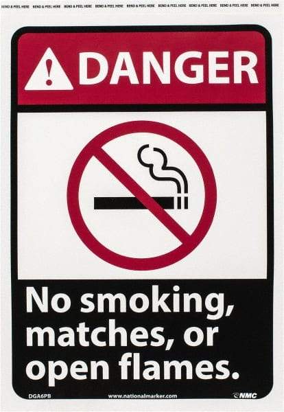 NMC - "Danger - No Smoking, Matches or Open Flames", 14" Long x 10" Wide, Pressure-Sensitive Vinyl Safety Sign - Rectangle, 0.004" Thick, Use for Accident Prevention - Eagle Tool & Supply