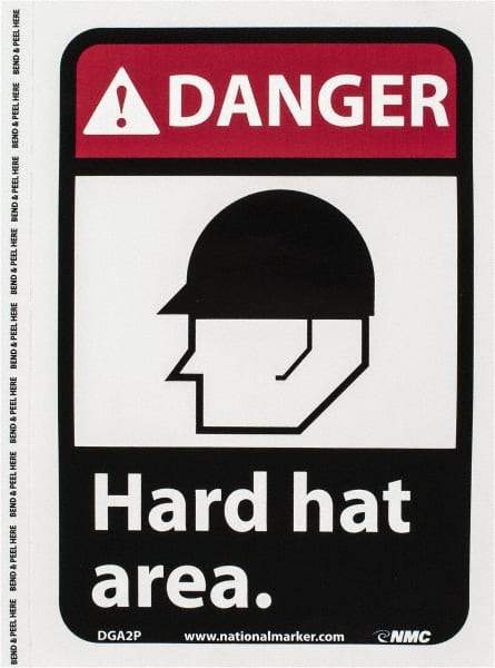 NMC - "Danger - Hard Hat Area", 10" Long x 7" Wide, Pressure-Sensitive Vinyl Safety Sign - Rectangle, 0.004" Thick, Use for Accident Prevention - Eagle Tool & Supply