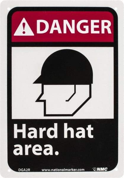 NMC - "Danger - Hard Hat Area", 10" Long x 7" Wide, Rigid Plastic Safety Sign - Rectangle, 0.05" Thick, Use for Accident Prevention - Eagle Tool & Supply