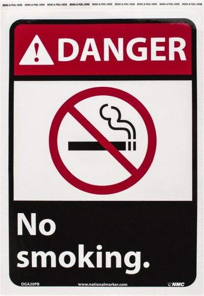 NMC - "Danger - No Smoking", 14" Long x 10" Wide, Pressure-Sensitive Vinyl Safety Sign - Rectangle, 0.004" Thick, Use for Accident Prevention - Eagle Tool & Supply