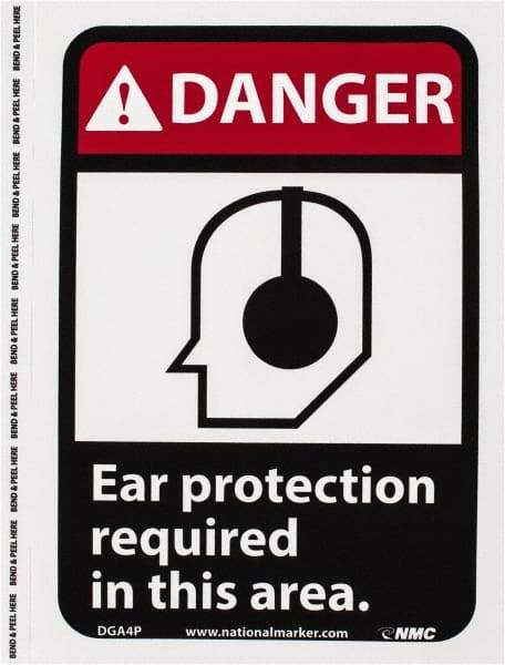 NMC - "Danger - Ear Protection Required in This Area", 10" Long x 7" Wide, Pressure-Sensitive Vinyl Safety Sign - Rectangle, 0.004" Thick, Use for Accident Prevention - Eagle Tool & Supply