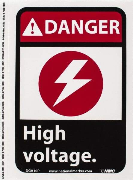 NMC - "Danger - High Voltage", 10" Long x 7" Wide, Pressure-Sensitive Vinyl Safety Sign - Rectangle, 0.004" Thick, Use for Accident Prevention - Eagle Tool & Supply