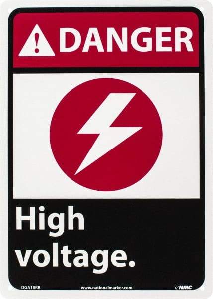 NMC - "Danger - High Voltage", 14" Long x 10" Wide, Rigid Plastic Safety Sign - Rectangle, 0.05" Thick, Use for Accident Prevention - Eagle Tool & Supply