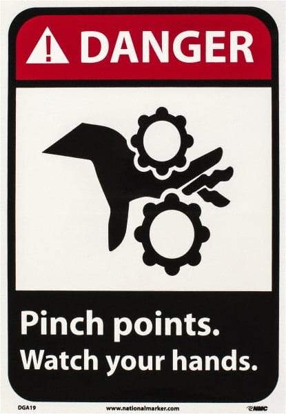 NMC - "Danger - Pinch Points - Watch Your Hands", 10" Long x 7" Wide, Pressure-Sensitive Vinyl Safety Sign - Rectangle, 0.004" Thick, Use for Accident Prevention - Eagle Tool & Supply