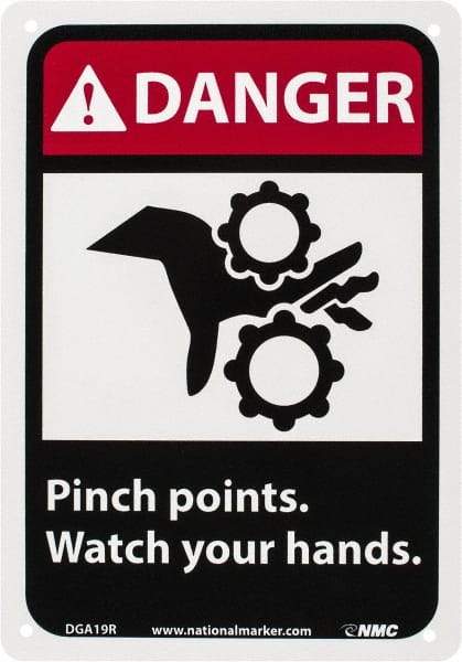 NMC - "Danger - Pinch Points - Watch Your Hands", 10" Long x 7" Wide, Rigid Plastic Safety Sign - Rectangle, 0.05" Thick, Use for Accident Prevention - Eagle Tool & Supply