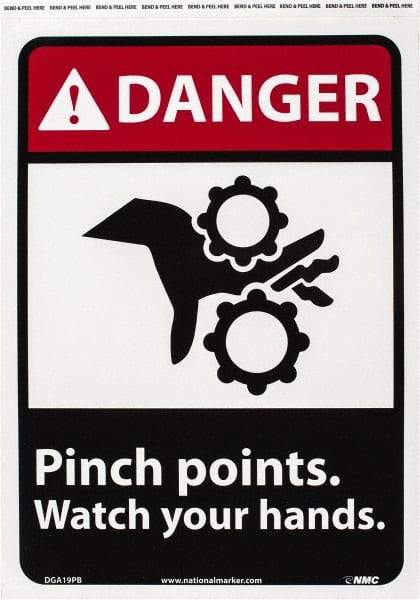 NMC - "Danger - Pinch Points - Watch Your Hands", 14" Long x 10" Wide, Pressure-Sensitive Vinyl Safety Sign - Rectangle, 0.004" Thick, Use for Accident Prevention - Eagle Tool & Supply