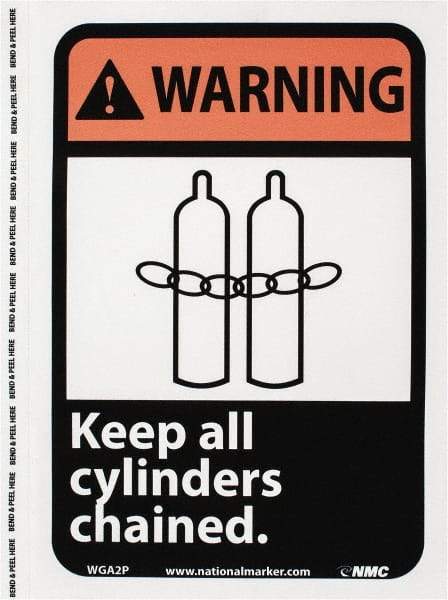 NMC - "Warning - Keep All Cylinders Chained", 10" Long x 7" Wide, Pressure-Sensitive Vinyl Safety Sign - Rectangle, 0.004" Thick, Use for Accident Prevention - Eagle Tool & Supply