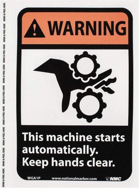 NMC - "Warning - This Machine Starts Automatically - Keep Hands Clear", 10" Long x 7" Wide, Pressure-Sensitive Vinyl Safety Sign - Rectangle, 0.004" Thick, Use for Accident Prevention - Eagle Tool & Supply