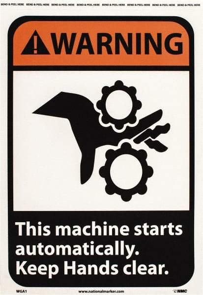 NMC - "Warning - This Machine Starts Automatically - Keep Hands Clear", 14" Long x 10" Wide, Pressure-Sensitive Vinyl Safety Sign - Rectangle, 0.004" Thick, Use for Accident Prevention - Eagle Tool & Supply