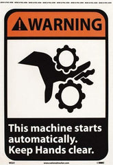 NMC - "Warning - This Machine Starts Automatically - Keep Hands Clear", 14" Long x 10" Wide, Pressure-Sensitive Vinyl Safety Sign - Rectangle, 0.004" Thick, Use for Accident Prevention - Eagle Tool & Supply