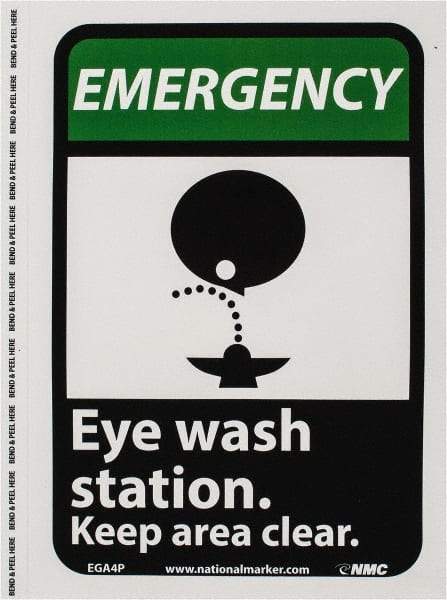 NMC - "Emergency - Eye Wash Station - Keep Area Clear", 10" Long x 7" Wide, Pressure-Sensitive Vinyl Safety Sign - Rectangle, 0.004" Thick, Use for First Aid - Eagle Tool & Supply