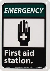 NMC - "Emergency - First Aid Station", 10" Long x 7" Wide, Rigid Plastic Safety Sign - Rectangle, 0.05" Thick, Use for First Aid - Eagle Tool & Supply