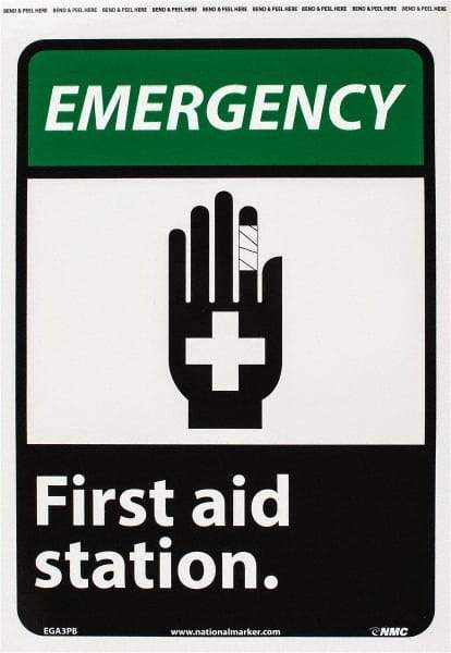 NMC - "Emergency - First Aid Station", 14" Long x 10" Wide, Pressure-Sensitive Vinyl Safety Sign - Rectangle, 0.004" Thick, Use for First Aid - Eagle Tool & Supply