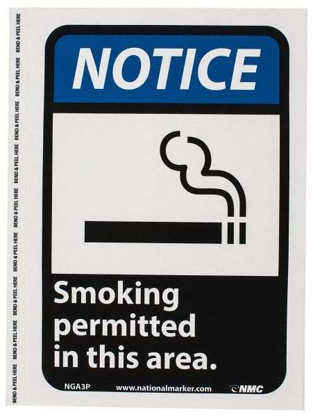 NMC - "Notice - Smoking Permitted in This Area", 10" Long x 7" Wide, Pressure-Sensitive Vinyl Safety Sign - Rectangle, 0.004" Thick, Use for Security & Admittance - Eagle Tool & Supply