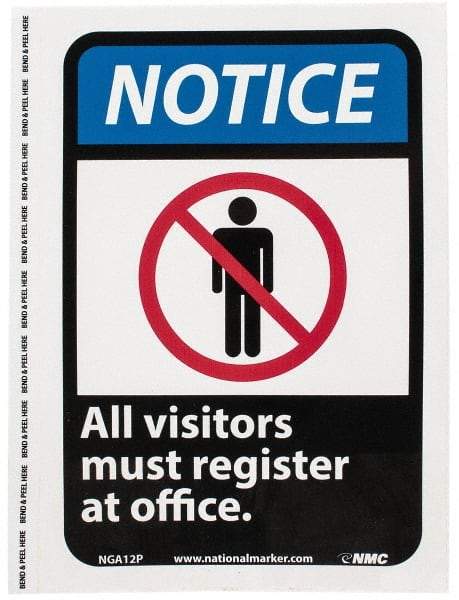 NMC - "Notice - All Visitors Must Register at Office", 10" Long x 7" Wide, Pressure-Sensitive Vinyl Safety Sign - Rectangle, 0.004" Thick, Use for Security & Admittance - Eagle Tool & Supply