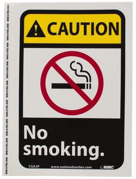 NMC - "Caution - No Smoking", 10" Long x 7" Wide, Pressure-Sensitive Vinyl Safety Sign - Rectangle, 0.004" Thick, Use for Accident Prevention - Eagle Tool & Supply