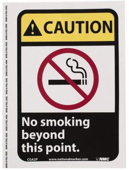 NMC - "Caution - No Smoking Beyond This Point", 10" Long x 7" Wide, Pressure-Sensitive Vinyl Safety Sign - Rectangle, 0.004" Thick, Use for Accident Prevention - Eagle Tool & Supply