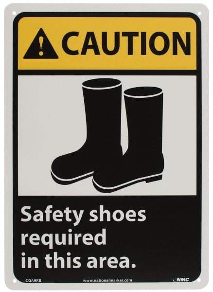 NMC - "Caution - Safety Shoes Required in This Area", 14" Long x 10" Wide, Rigid Plastic Safety Sign - Rectangle, 0.05" Thick, Use for Accident Prevention - Eagle Tool & Supply