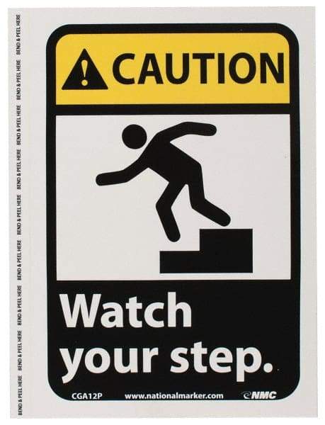 NMC - "Caution - Watch Your Step", 10" Long x 7" Wide, Pressure-Sensitive Vinyl Safety Sign - Rectangle, 0.004" Thick, Use for Accident Prevention - Eagle Tool & Supply