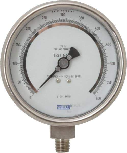 Wika - 4" Dial, 1/4 Thread, 0-600 Scale Range, Pressure Gauge - Lower Connection Mount, Accurate to 0.25% of Scale - Eagle Tool & Supply