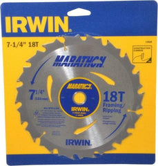 Irwin - 7-1/4" Diam, 5/8" Arbor Hole Diam, 18 Tooth Wet & Dry Cut Saw Blade - Carbide-Tipped, Framing & Ripping Action, Diamond Arbor - Eagle Tool & Supply