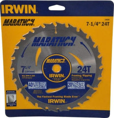 Irwin - 7-1/4" Diam, 5/8" Arbor Hole Diam, 24 Tooth Wet & Dry Cut Saw Blade - Carbide-Tipped, Framing & Ripping Action, Diamond Arbor - Eagle Tool & Supply