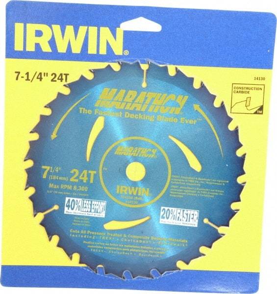 Irwin - 7-1/4" Diam, 5/8" Arbor Hole Diam, 24 Tooth Wet & Dry Cut Saw Blade - Carbide-Tipped, General Purpose Action, Diamond Arbor - Eagle Tool & Supply