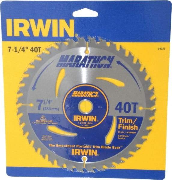 Irwin - 7-1/4" Diam, 5/8" Arbor Hole Diam, 40 Tooth Wet & Dry Cut Saw Blade - Carbide-Tipped, Finishing & Trimming Action, Diamond Arbor - Eagle Tool & Supply