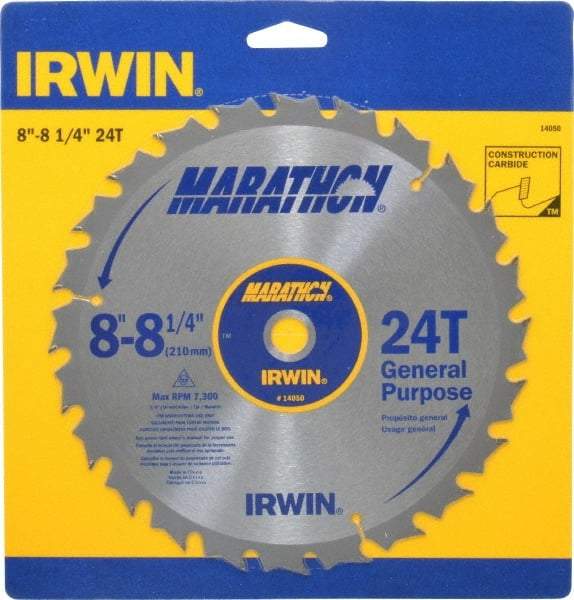 Irwin - 8-1/4" Diam, 5/8" Arbor Hole Diam, 24 Tooth Wet & Dry Cut Saw Blade - Carbide-Tipped, General Purpose Action, Diamond Arbor - Eagle Tool & Supply