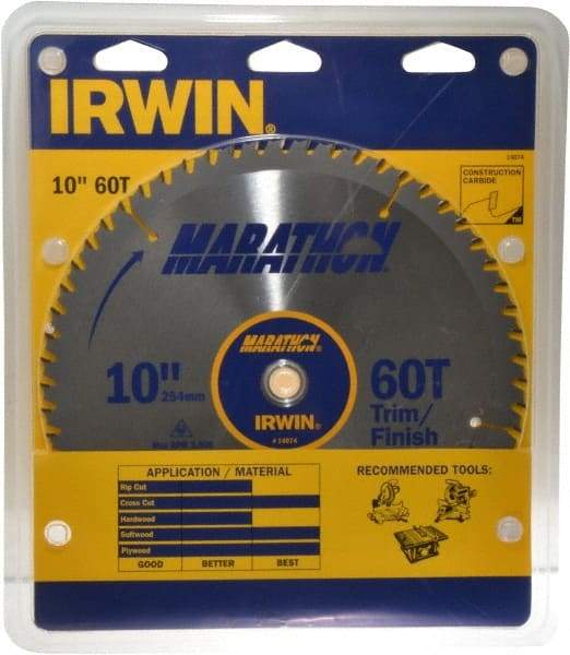 Irwin - 10" Diam, 5/8" Arbor Hole Diam, 60 Tooth Wet & Dry Cut Saw Blade - Carbide-Tipped, Finishing & Trimming Action, Standard Round Arbor - Eagle Tool & Supply