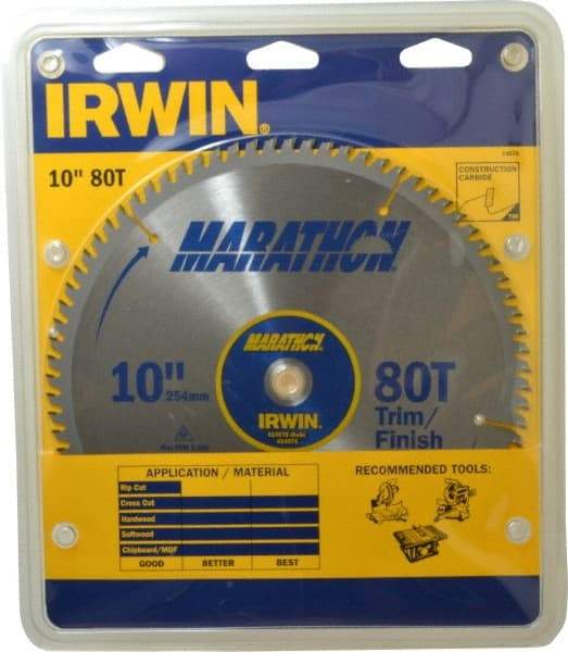 Irwin - 10" Diam, 5/8" Arbor Hole Diam, 80 Tooth Wet & Dry Cut Saw Blade - Carbide-Tipped, Finishing & Trimming Action, Standard Round Arbor - Eagle Tool & Supply