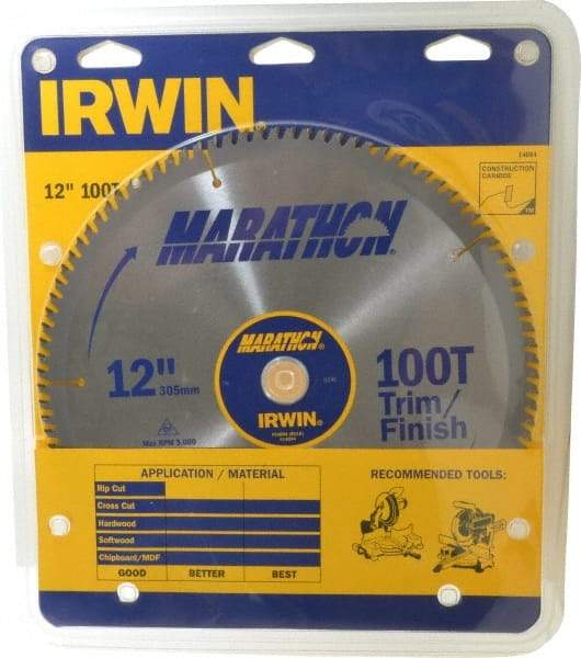 Irwin - 12" Diam, 1" Arbor Hole Diam, 100 Tooth Wet & Dry Cut Saw Blade - Carbide-Tipped, Finishing & Trimming Action, Standard Round Arbor - Eagle Tool & Supply