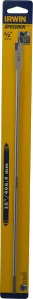Irwin - 1/2", 1/4" Hex Shank, Bright Finish, High Speed Steel, Spade Blade Drill Bit - 2 Spurs, 16" Overall Length, 2" Shank Length, No Wire Fishing Hole - Eagle Tool & Supply