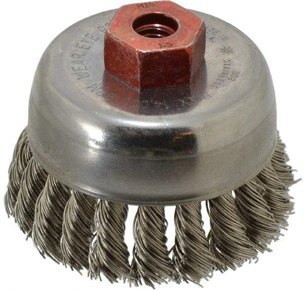 Anderson - 2-3/4" Diam, M10x1.50 Threaded Arbor, Stainless Steel Fill Cup Brush - 0.02 Wire Diam, 3/4" Trim Length, 14,000 Max RPM - Eagle Tool & Supply