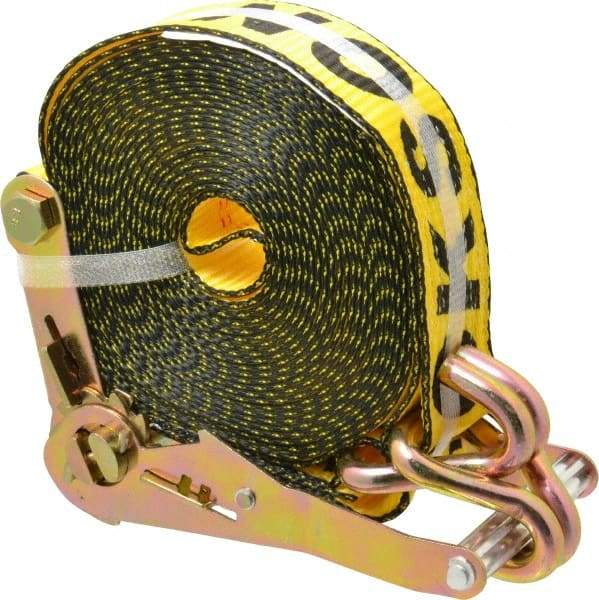 Erickson Manufacturing - 27' Long x 2" Wide, 10,000 Lb Basket Capacity, Polyester Web Sling - Yellow, with Ratchet Tie Down - Eagle Tool & Supply