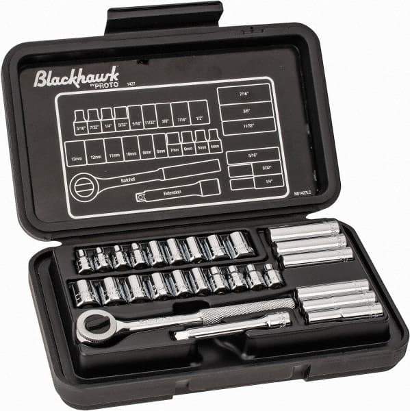 Blackhawk by Proto - 27 Piece 1/4" Drive Deep Well Socket Set - 6, 12 Points, 3/16" to 1/2" (4mm to 13mm) Range, Inch/Metric Measurement Standard - Eagle Tool & Supply
