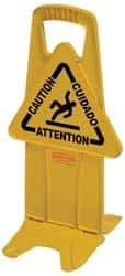 Rubbermaid - Caution, 13" Wide x 26" High, Plastic Floor Sign - English/French/Spanish, A-Frame, Black on Yellow, For Accident Prevention - Eagle Tool & Supply