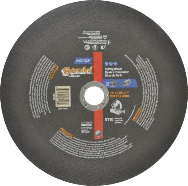 Norton - 10" Aluminum Oxide Cutoff Wheel - 7/64" Thick, 1" Arbor, 6,110 Max RPM, Use with Stationary Tools - Eagle Tool & Supply