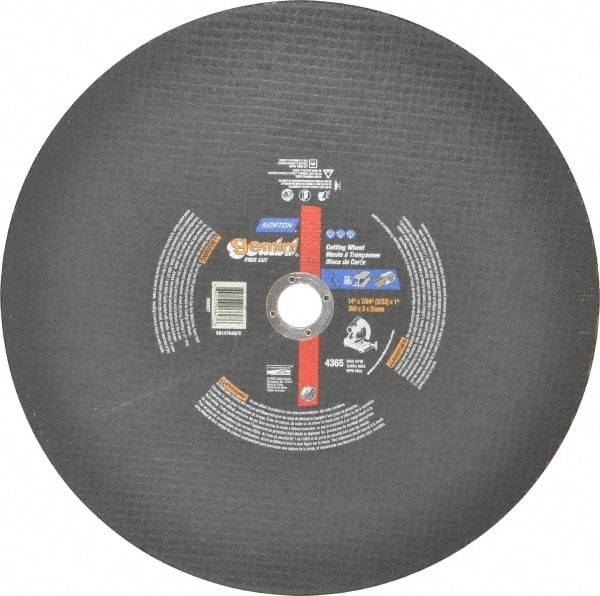 Norton - 14" Aluminum Oxide Cutoff Wheel - 3/32" Thick, 1" Arbor, 4,365 Max RPM, Use with Stationary Tools - Eagle Tool & Supply