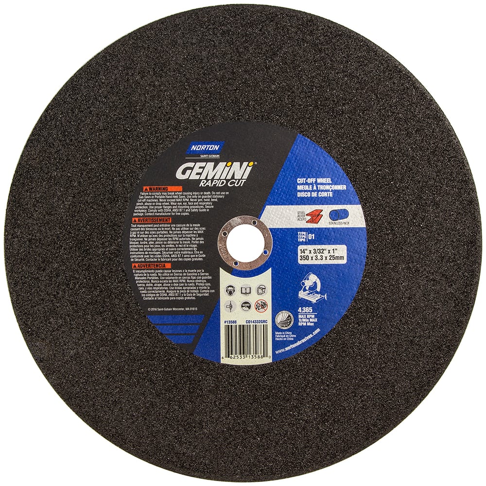 Norton - 14 x 3/32, 1" Hole Aluminum Oxide Cutoff Wheel - Eagle Tool & Supply