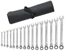 GearWrench - 16 Piece, 8mm to 24mm, 12 Point Combination Wrench Set - Metric Measurement Standard, Full Polish Finish, Comes in Vinyl Pouch - Eagle Tool & Supply