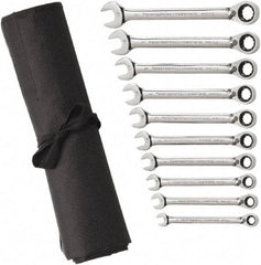 GearWrench - 10 Piece, 10mm to 19mm, 6 Point Combination Wrench Set - Metric Measurement Standard, Chrome Finish, Comes in Vinyl Pouch - Eagle Tool & Supply